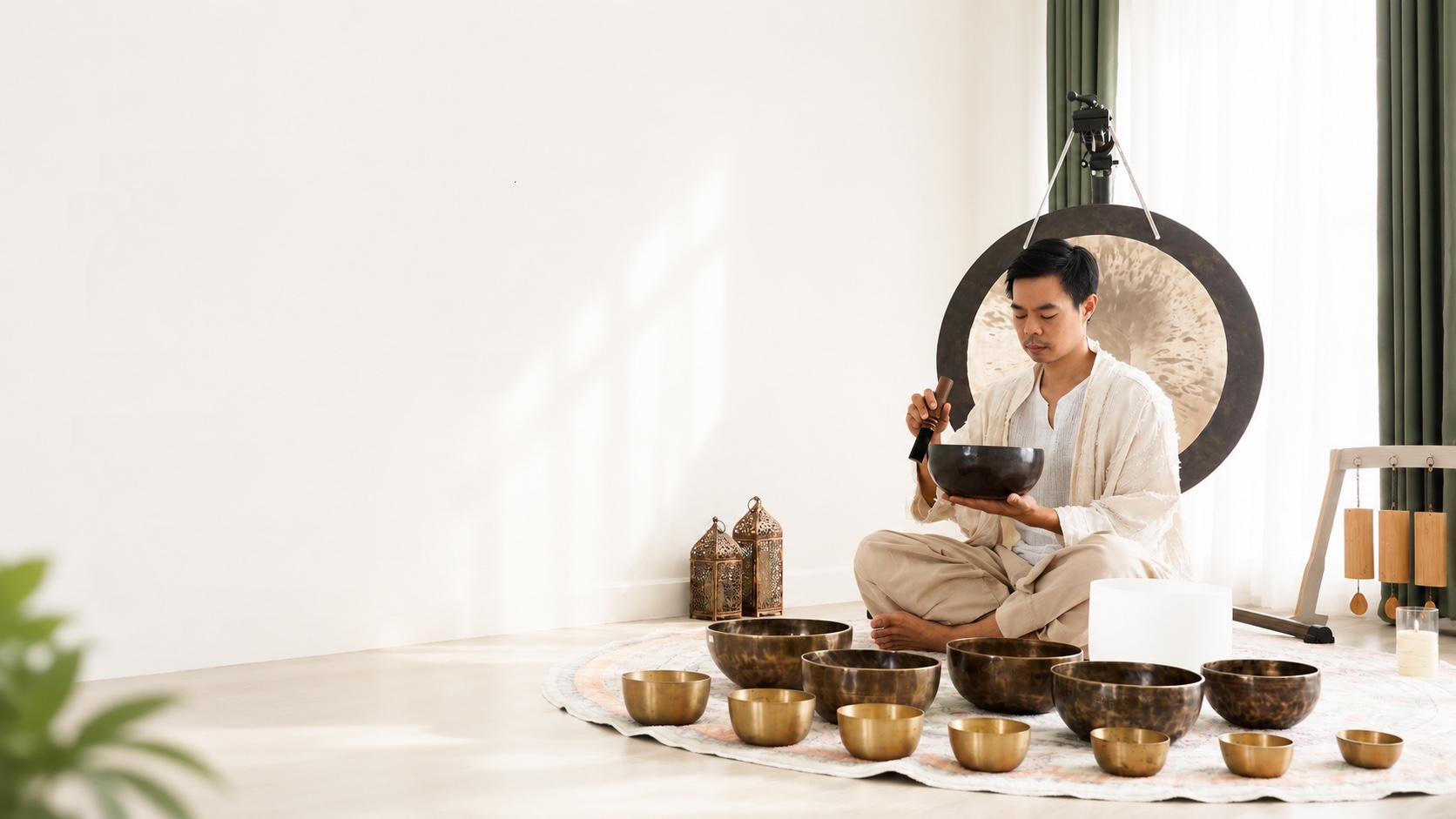 Sound healing practitioner with singing bowls at Gita Ashram